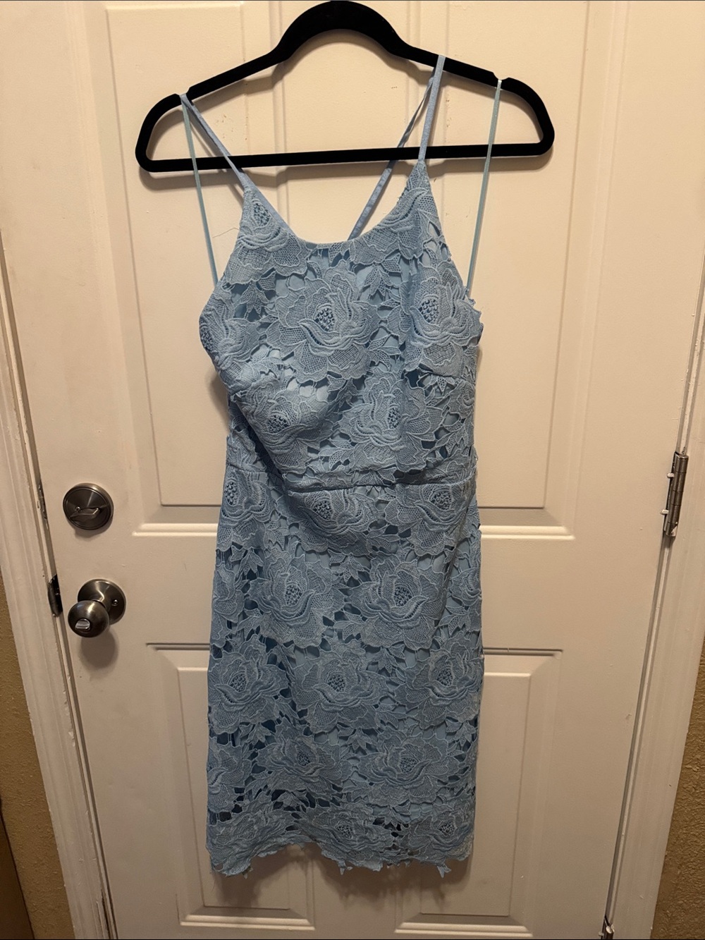 HYFVE Light Blue Lace Midi Dress with Spaghetti Straps